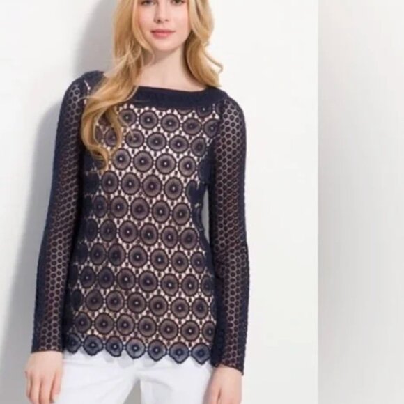 Tory Burch 'Janeen' Crochet Lace Tunic, Navy, Sz 12 - Picture 1 of 6